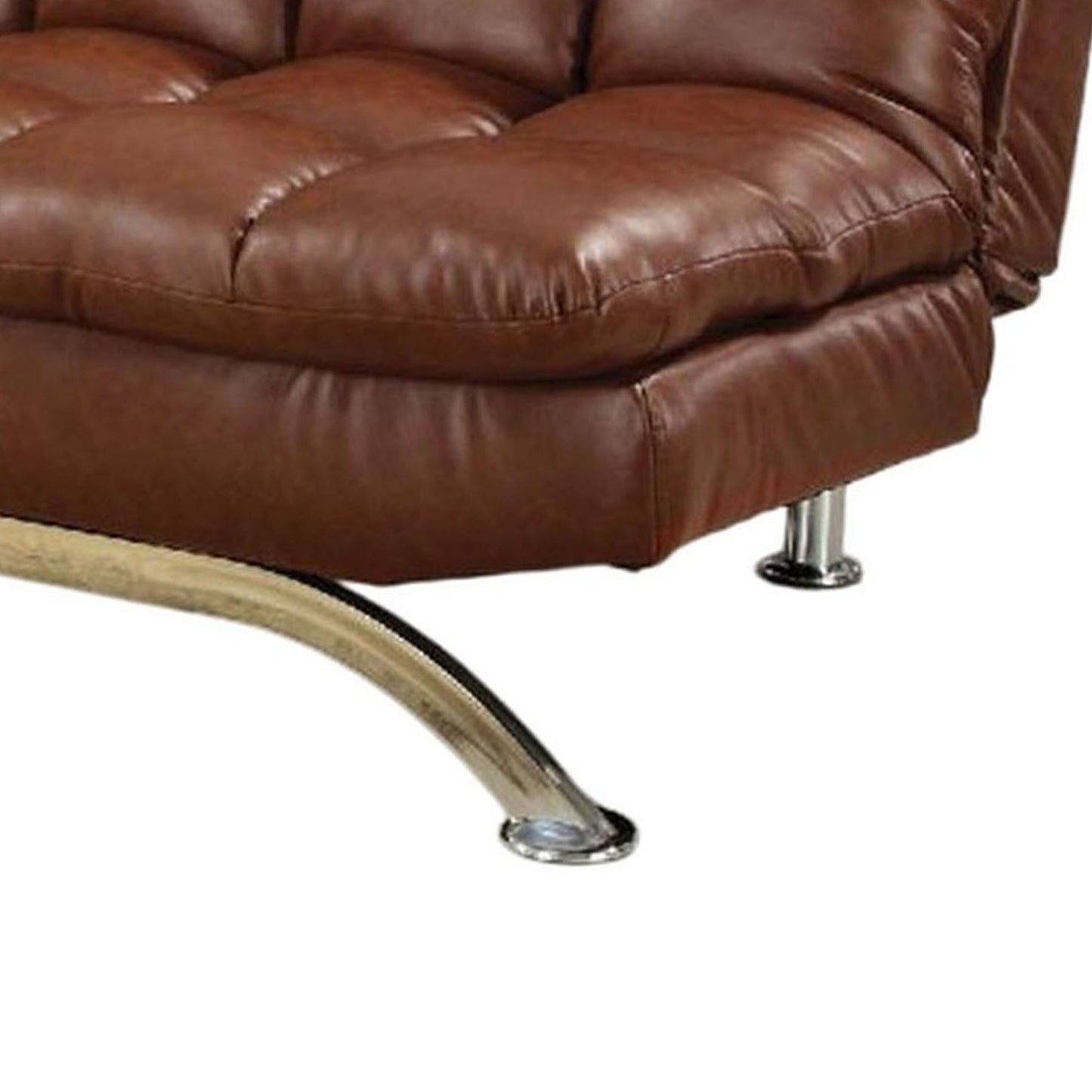 Divano futon, rivestimento in similpelle marrone con lavorazione capitonné, gambe cromate