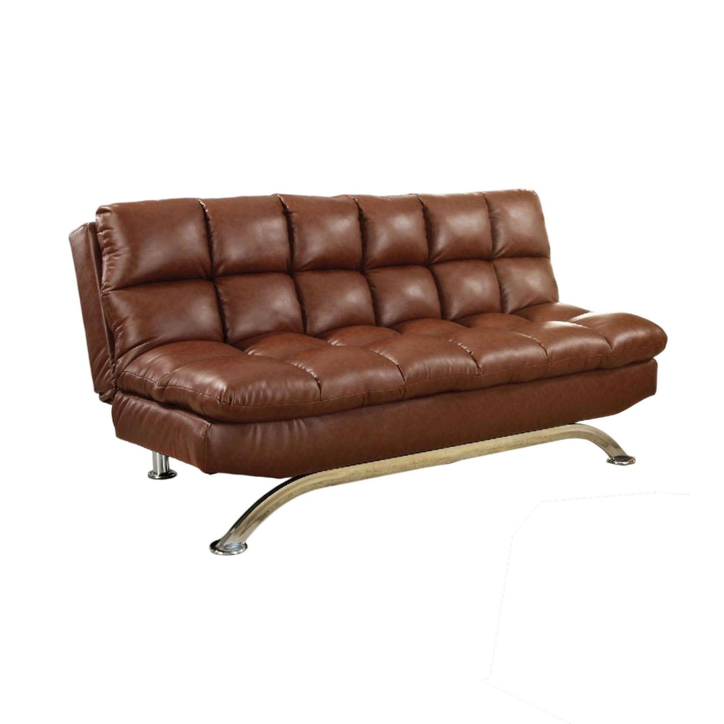 Divano futon, rivestimento in similpelle marrone con lavorazione capitonné, gambe cromate
