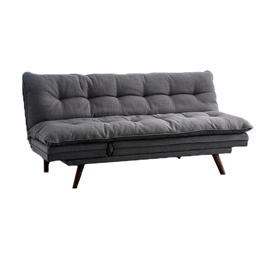 Divano futon, rivestito in tessuto grigio, capitonné, struttura in legno massello