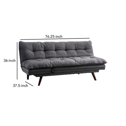 Divano futon, rivestito in tessuto grigio, capitonné, struttura in legno massello