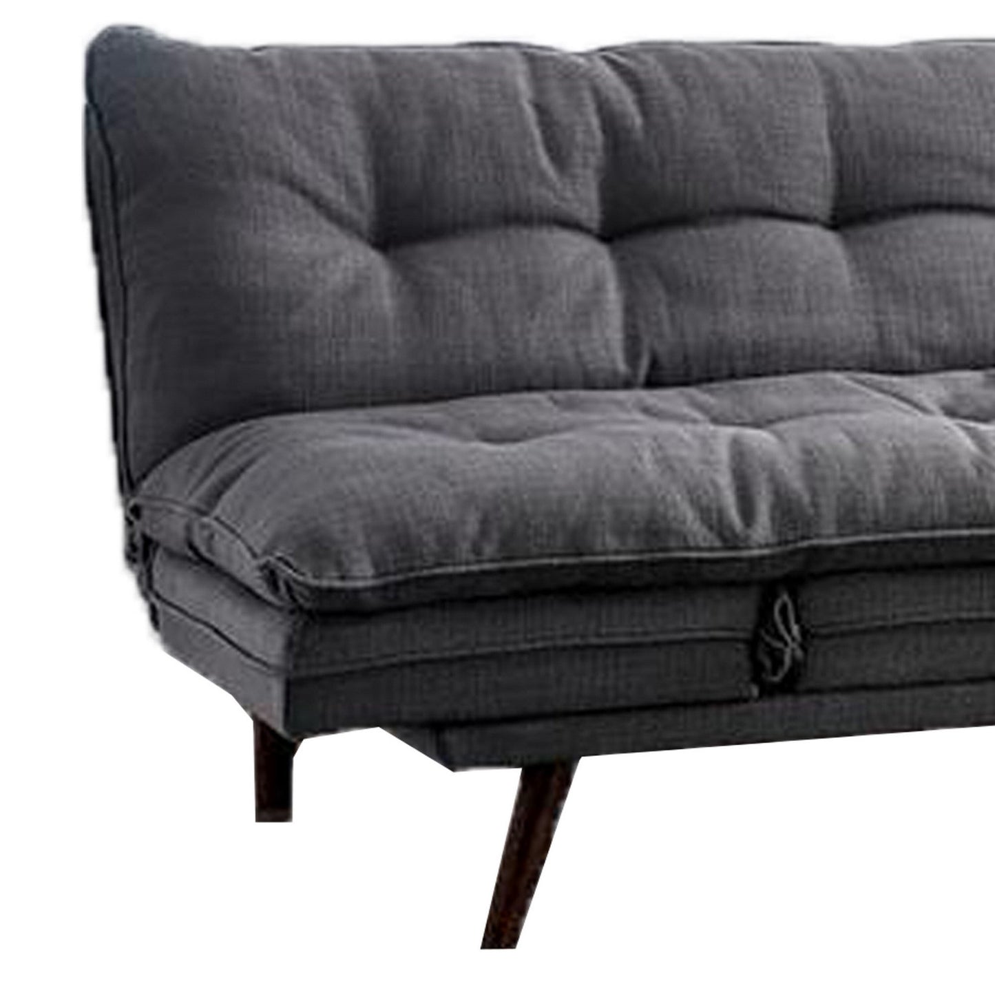 Divano futon, rivestito in tessuto grigio, capitonné, struttura in legno massello