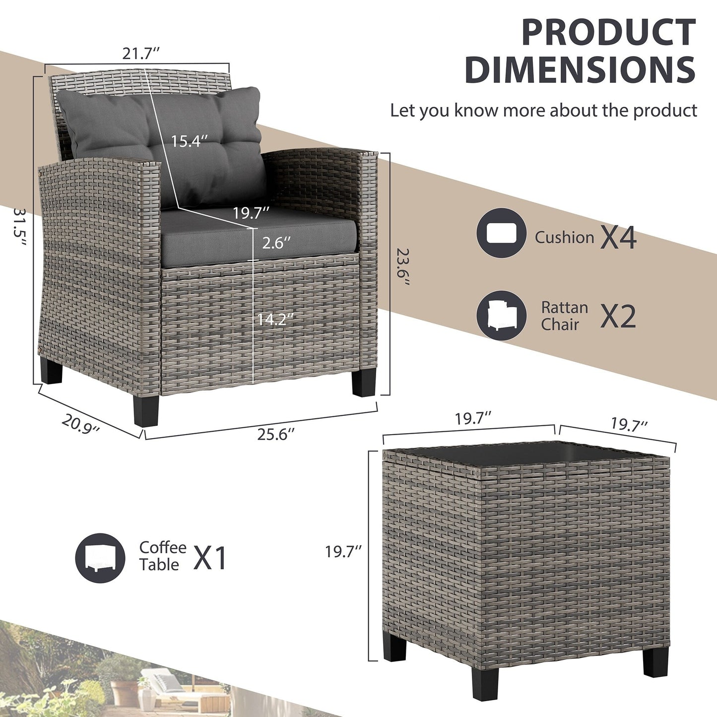 Set di mobili da giardino Futzca da 3 pezzi con tavolo in vetro