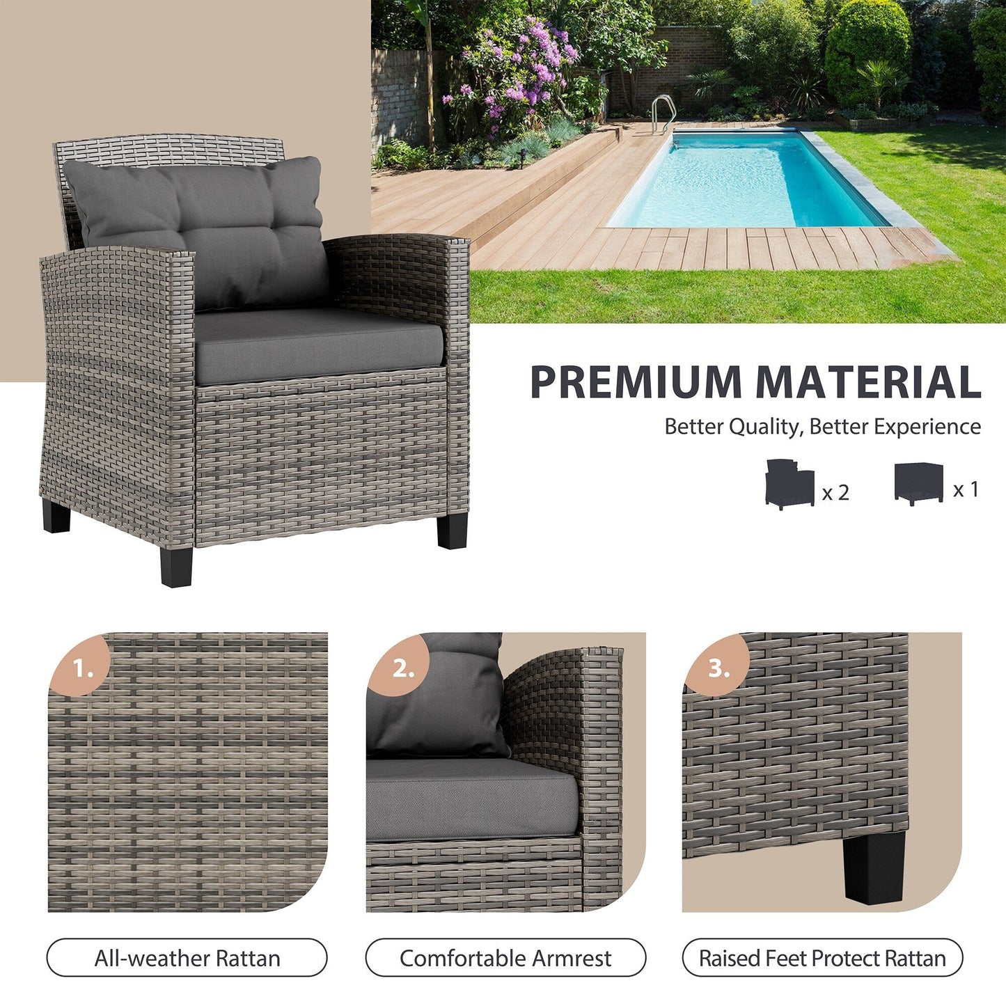 Set di mobili da giardino Futzca da 3 pezzi con tavolo in vetro