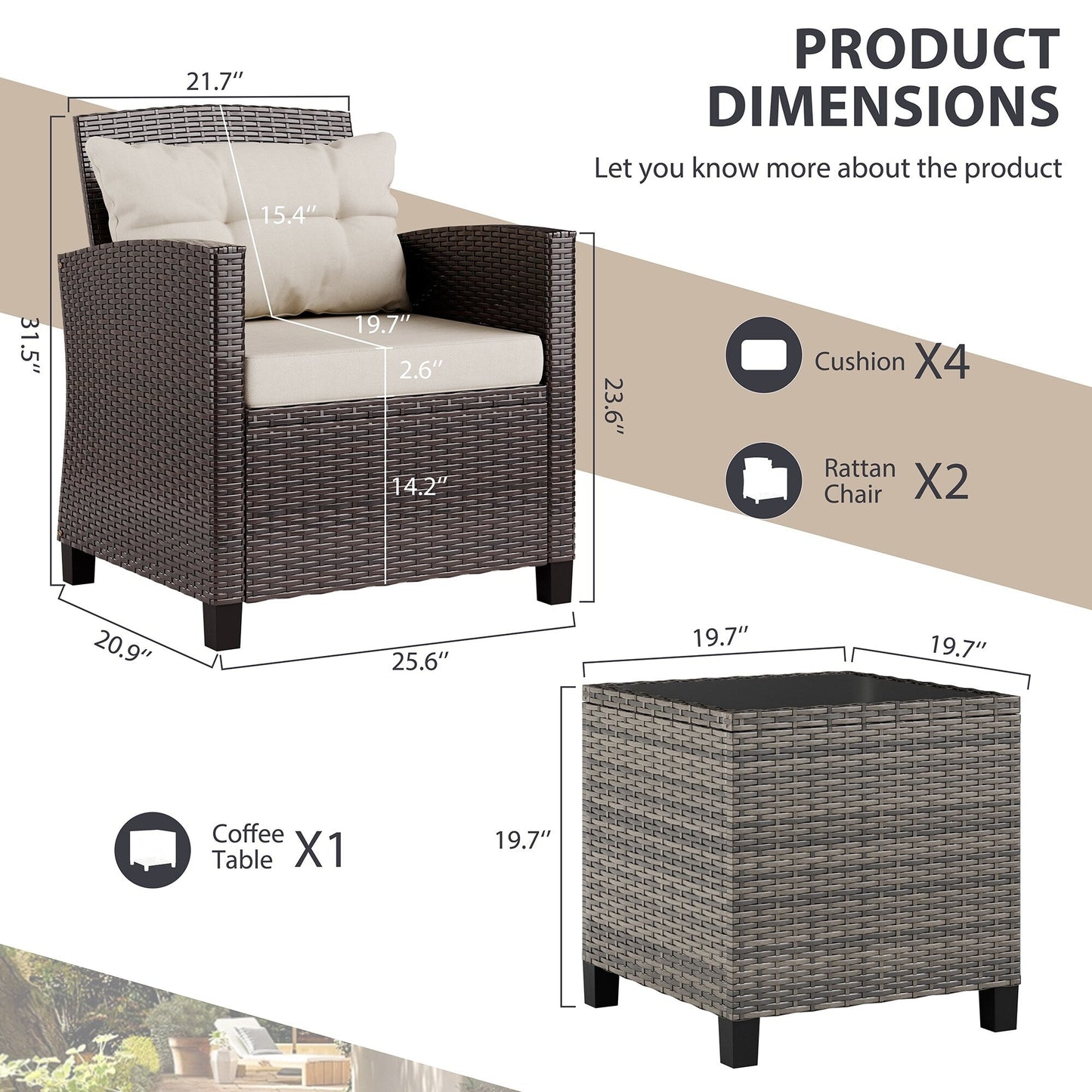 Set di mobili da giardino Futzca da 3 pezzi con tavolo in vetro