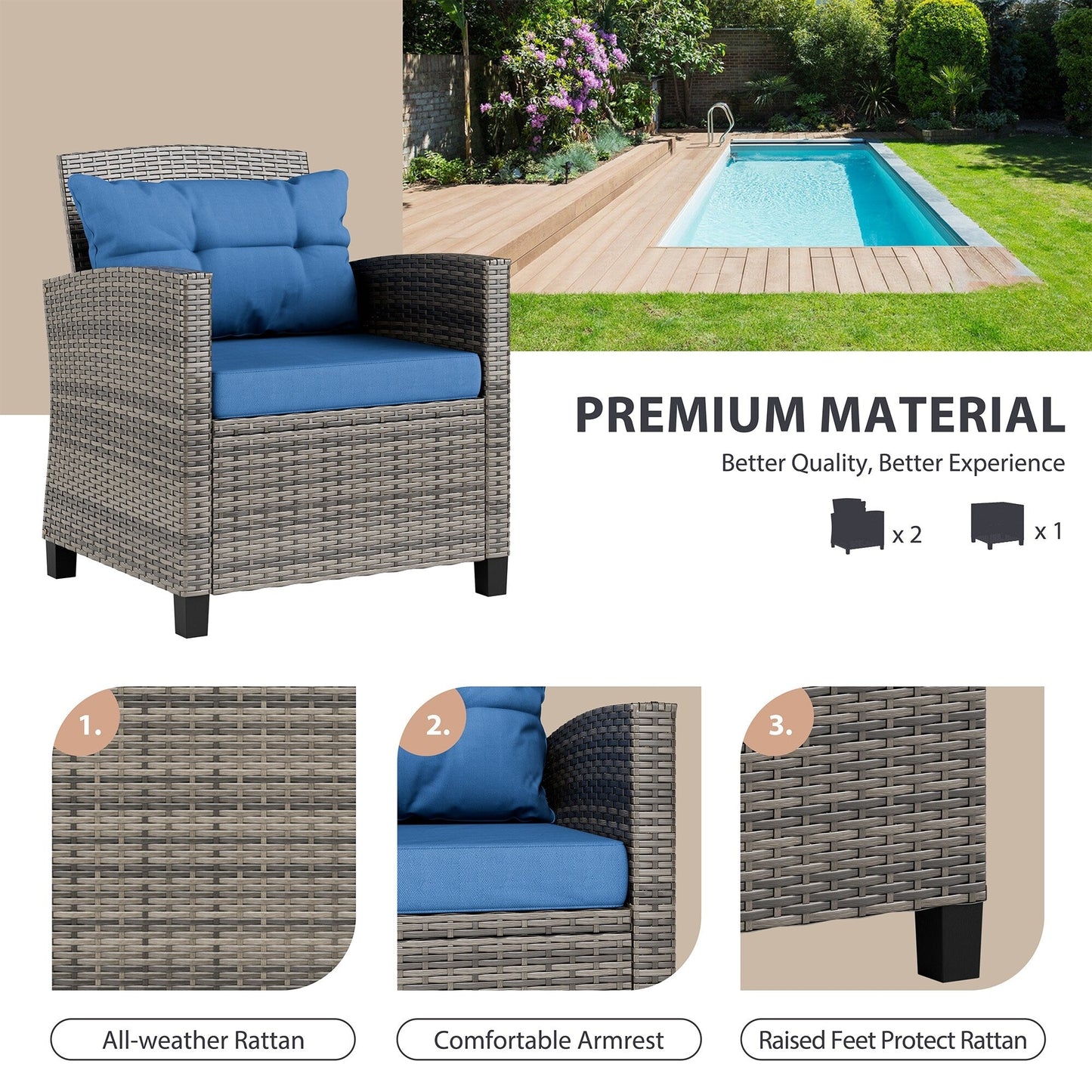 Set di mobili da giardino Futzca da 3 pezzi con tavolo in vetro