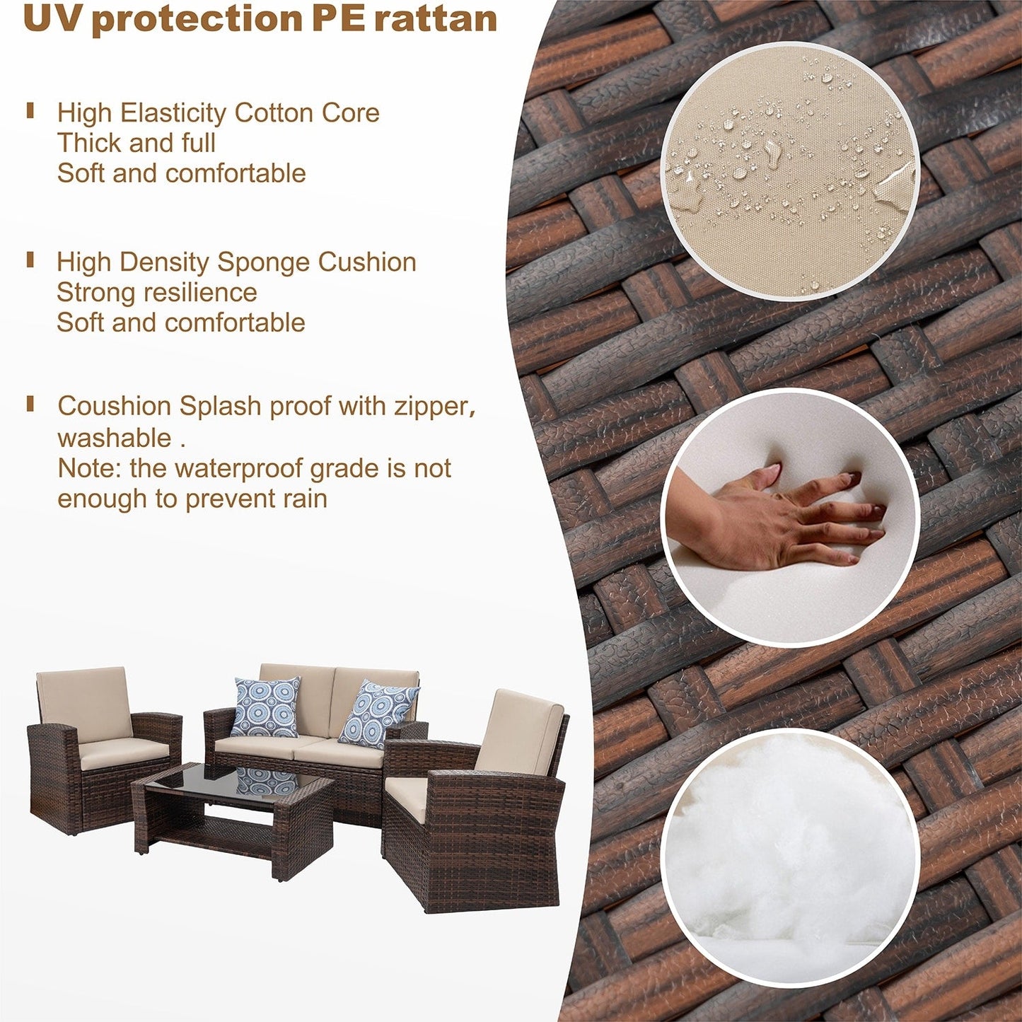 Futzca Set di mobili da esterno da 4 pezzi, set componibile in vimini