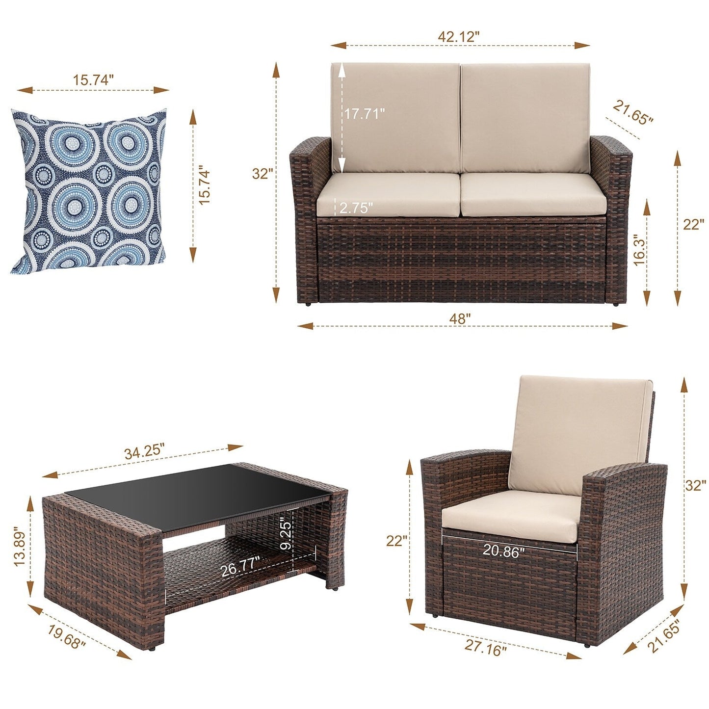 Futzca Set di mobili da esterno da 4 pezzi, set componibile in vimini