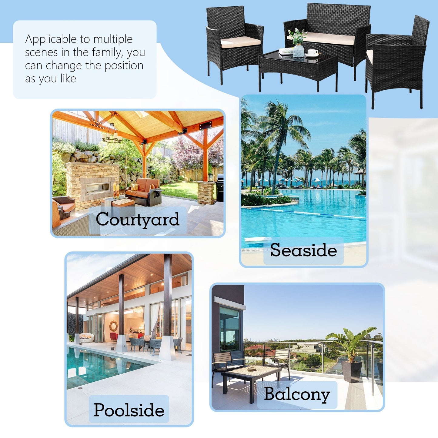 Futzca 4 pezzi set di mobili da esterno per patio sedia in rattan set di vimini