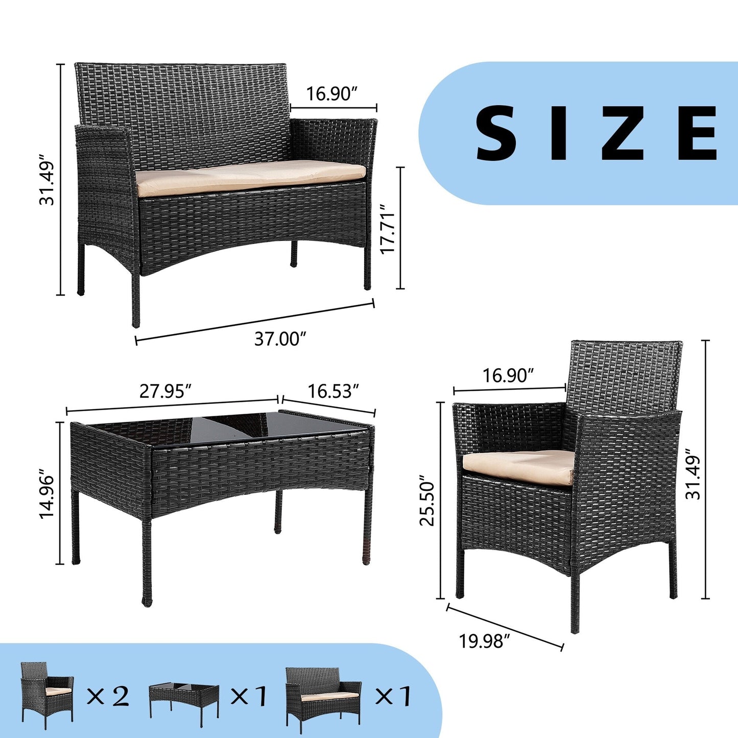 Futzca 4 pezzi set di mobili da esterno per patio sedia in rattan set di vimini