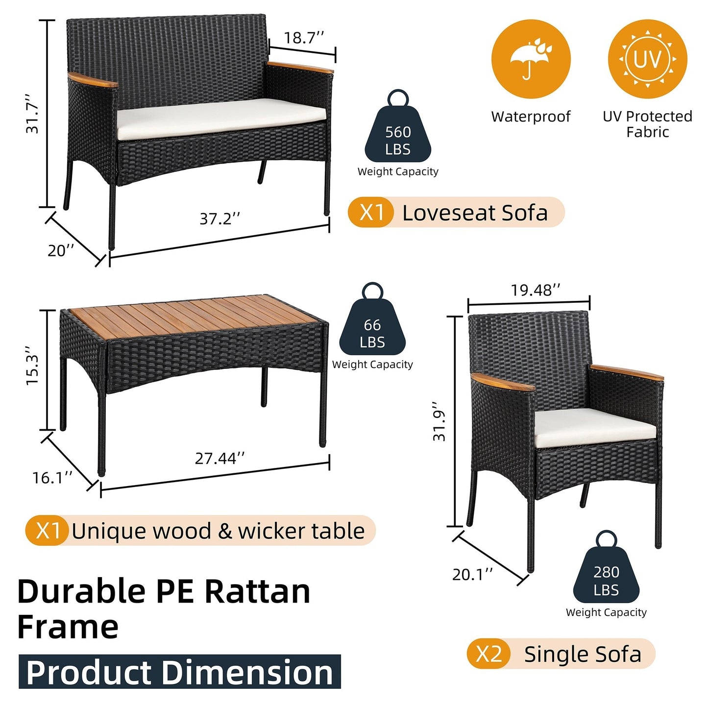 Futzca 4 pezzi set di mobili da esterno per patio sedia in rattan set di vimini