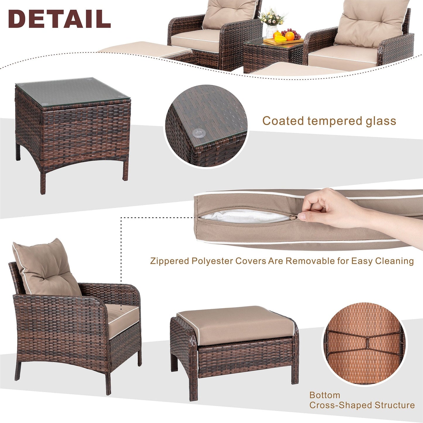 Futzca Set di 5 mobili da giardino in vimini marrone piccolo