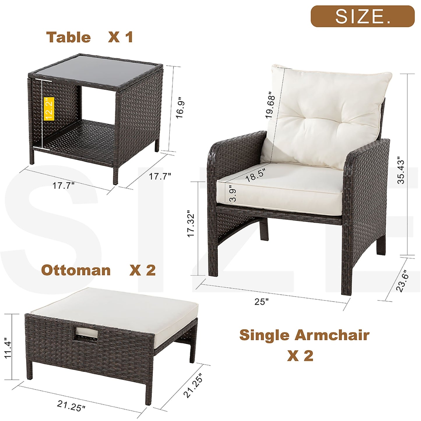 Futzca Set di 5 mobili da giardino in vimini marrone piccolo