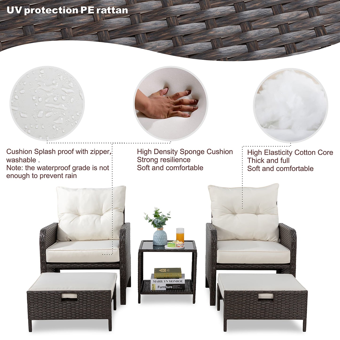 Futzca Set di 5 mobili da giardino in vimini marrone piccolo