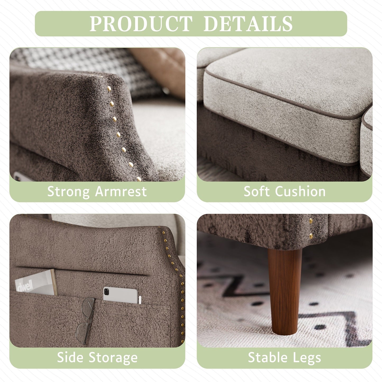 Divano a L Futzca da 78" con pouf e borsa portaoggetti laterale