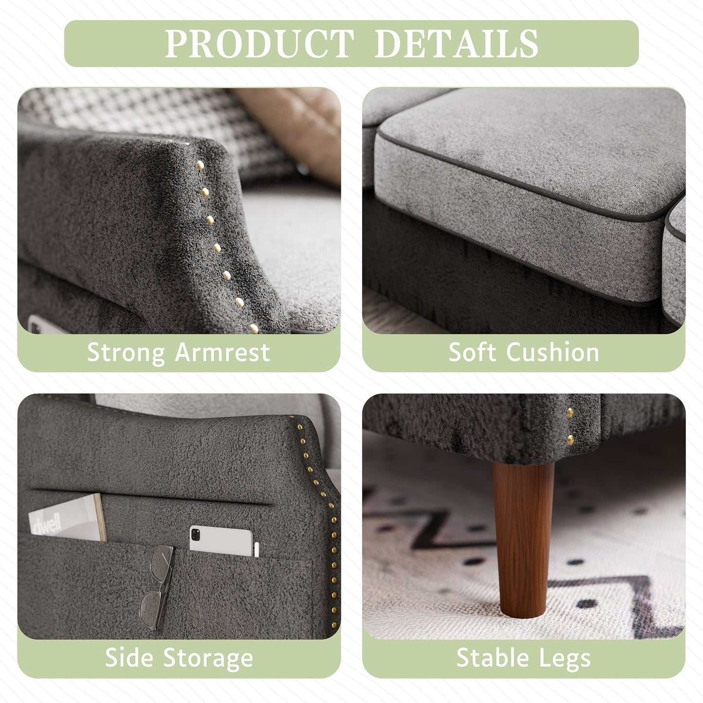 Divano a L Futzca da 78" con pouf e borsa portaoggetti laterale