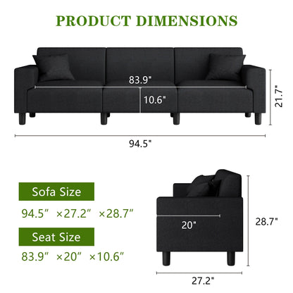Divano Futzca da 94'', divano moderno a 3 posti con due cuscini