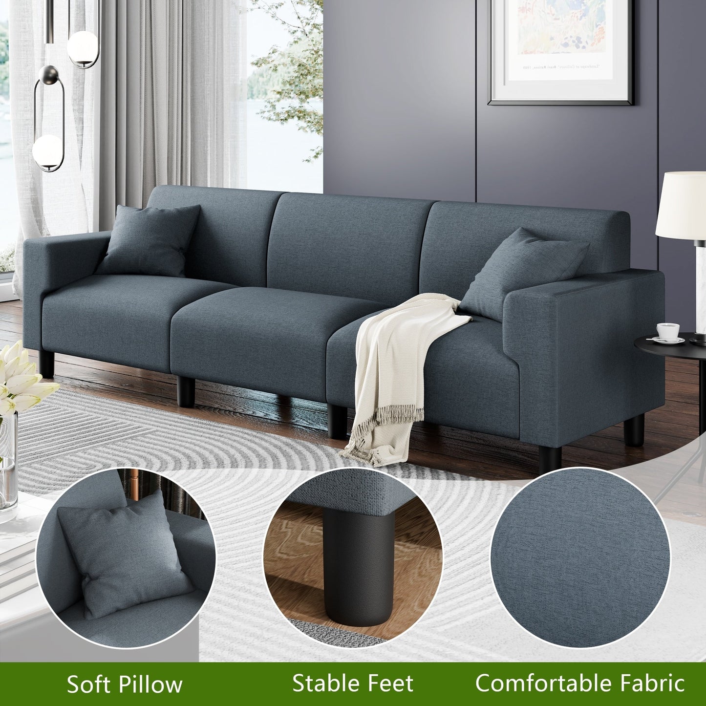 Divano Futzca da 94'', divano moderno a 3 posti con due cuscini