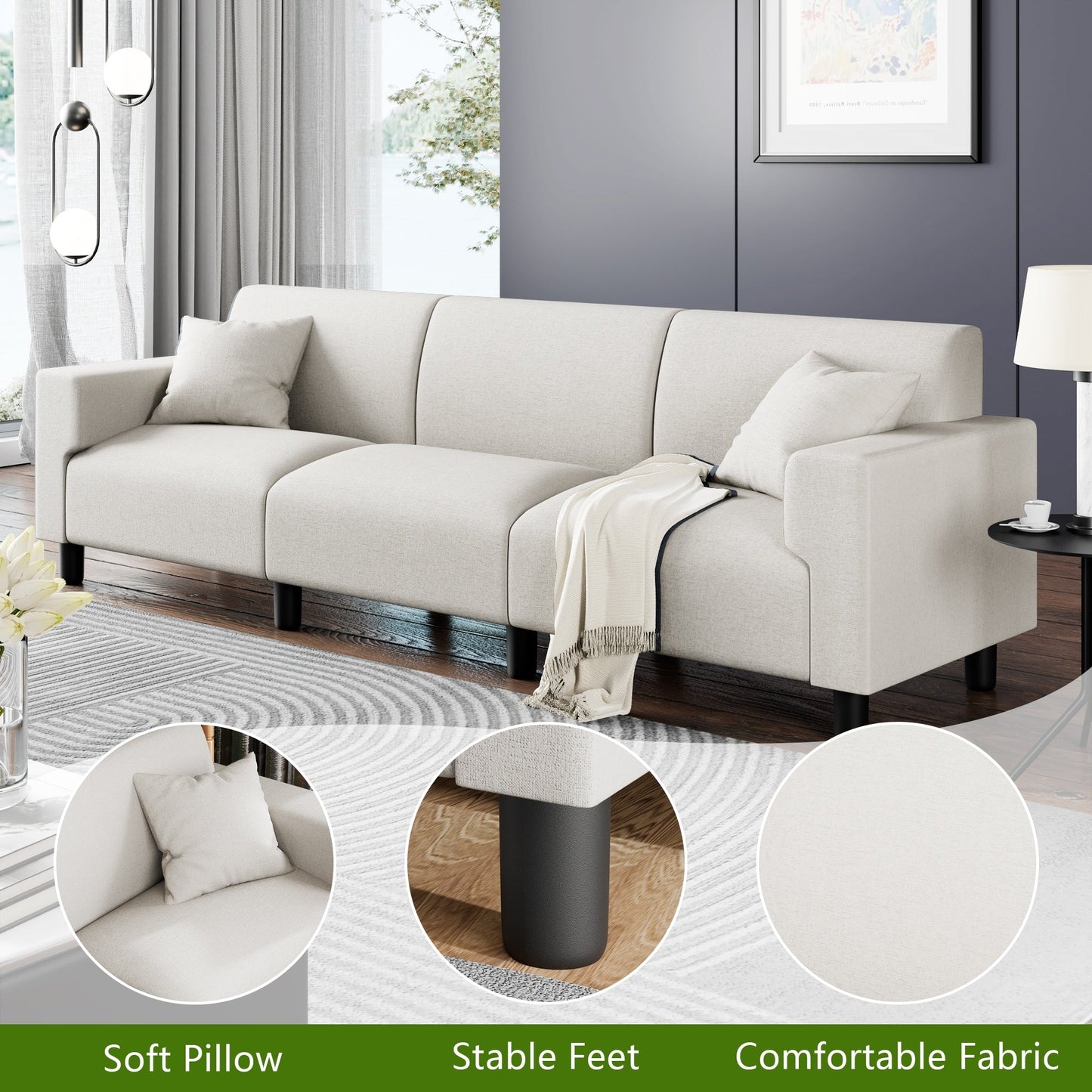 Divano Futzca da 94'', divano moderno a 3 posti con due cuscini