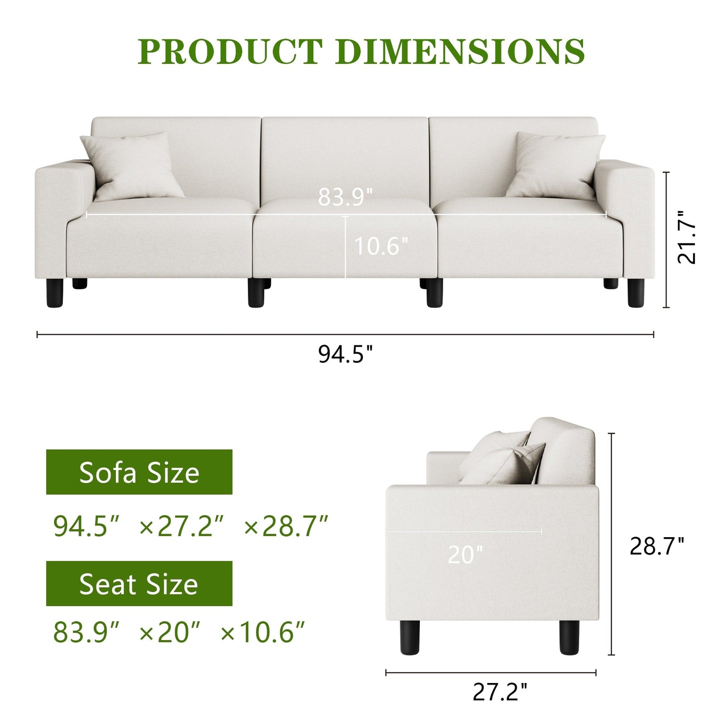 Divano Futzca da 94'', divano moderno a 3 posti con due cuscini