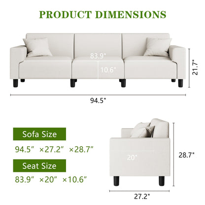 Divano Futzca da 94'', divano moderno a 3 posti con due cuscini