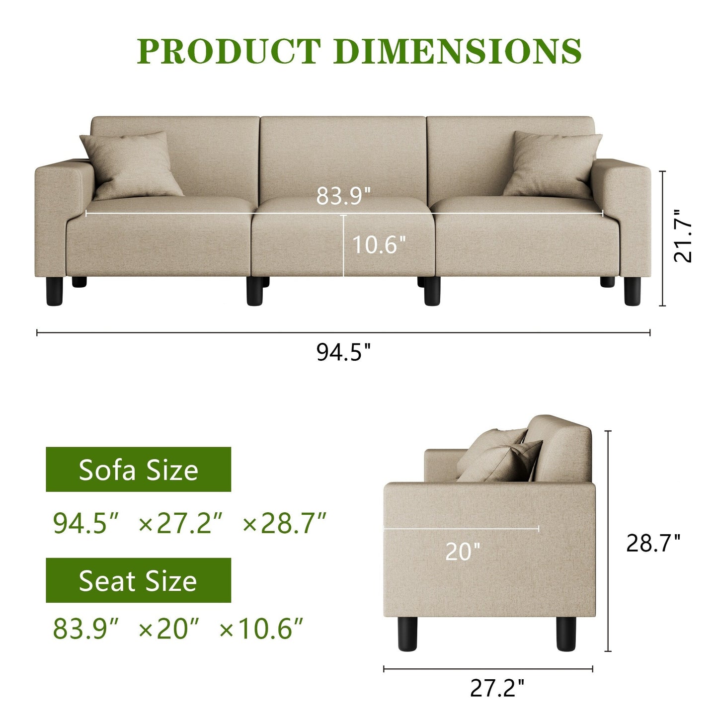 Divano Futzca da 94'', divano moderno a 3 posti con due cuscini