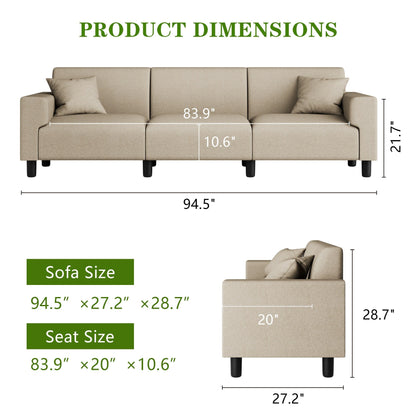 Divano Futzca da 94'', divano moderno a 3 posti con due cuscini