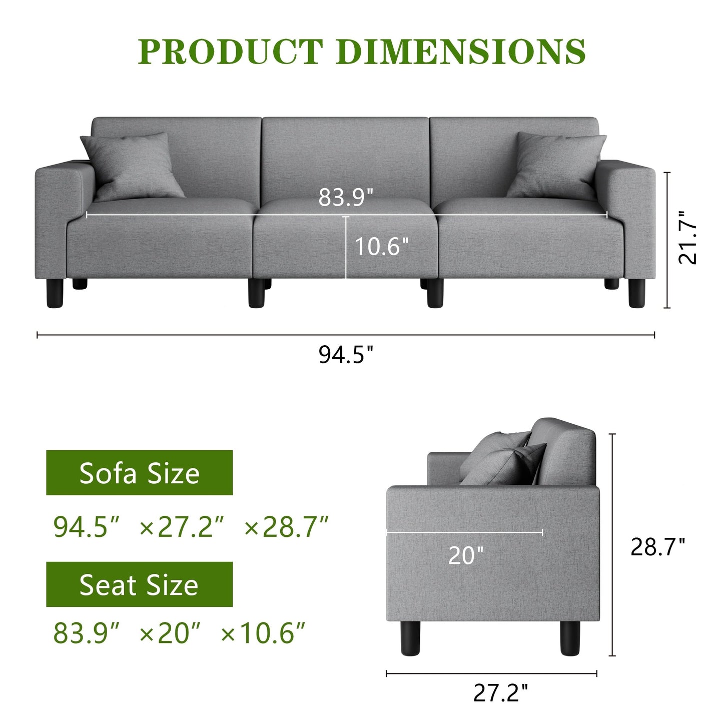 Divano Futzca da 94'', divano moderno a 3 posti con due cuscini