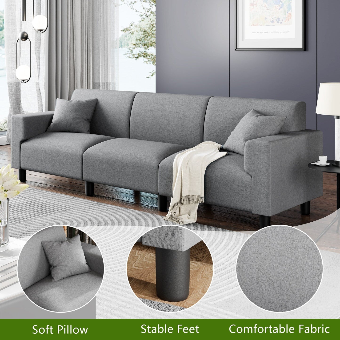 Divano Futzca da 94'', divano moderno a 3 posti con due cuscini