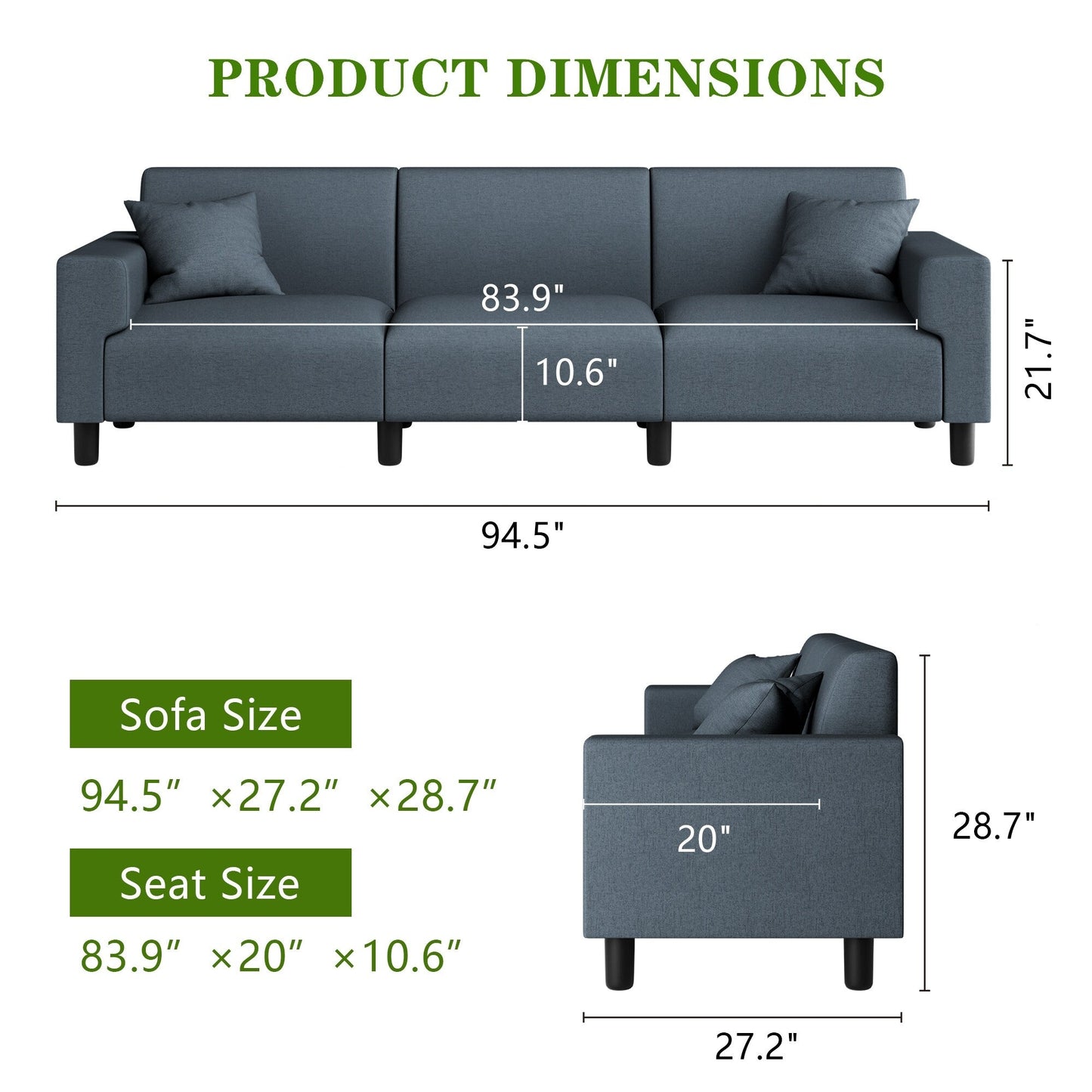 Divano Futzca da 94'', divano moderno a 3 posti con due cuscini