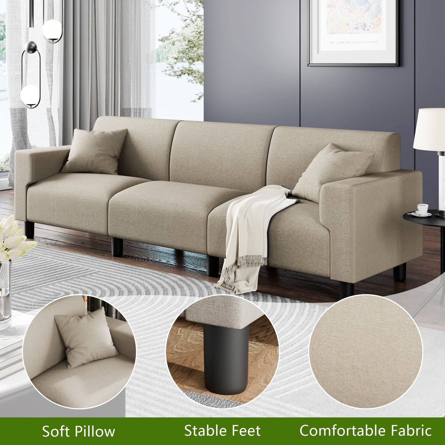 Divano Futzca da 94'', divano moderno a 3 posti con due cuscini