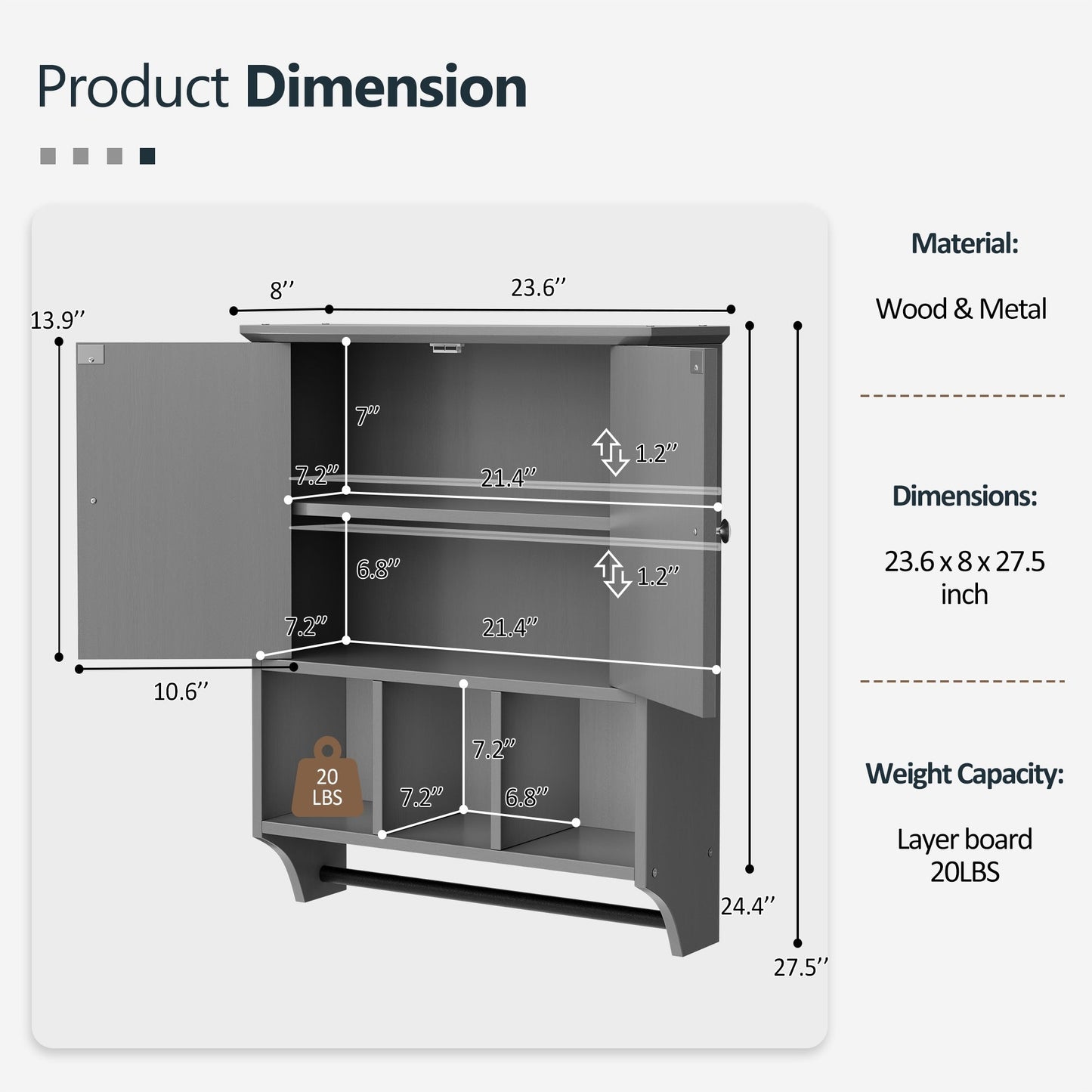 Mobiletto da bagno Futzca da parete, mobiletto portaoggetti con ante e ripiani