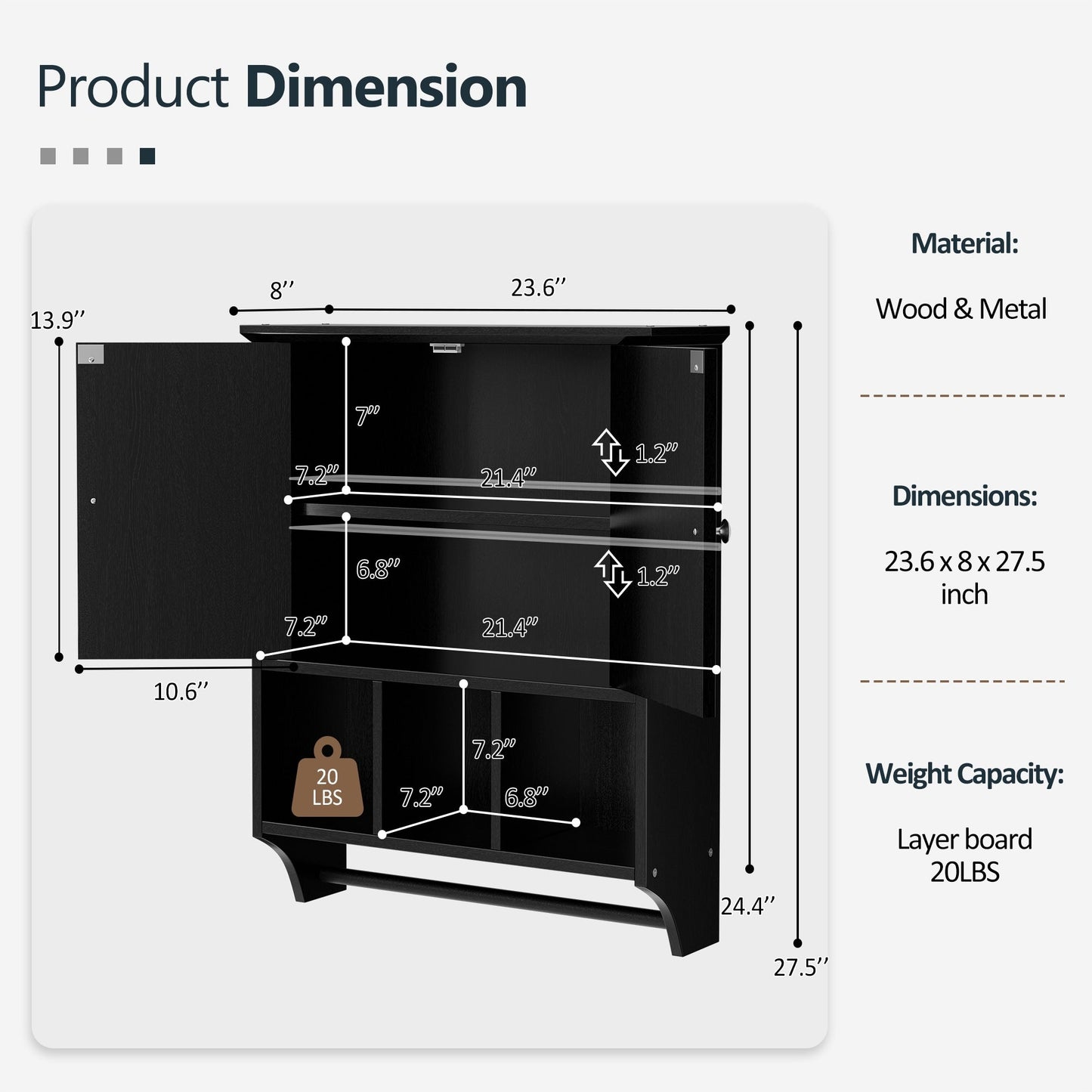 Mobiletto da bagno Futzca da parete, mobiletto portaoggetti con ante e ripiani