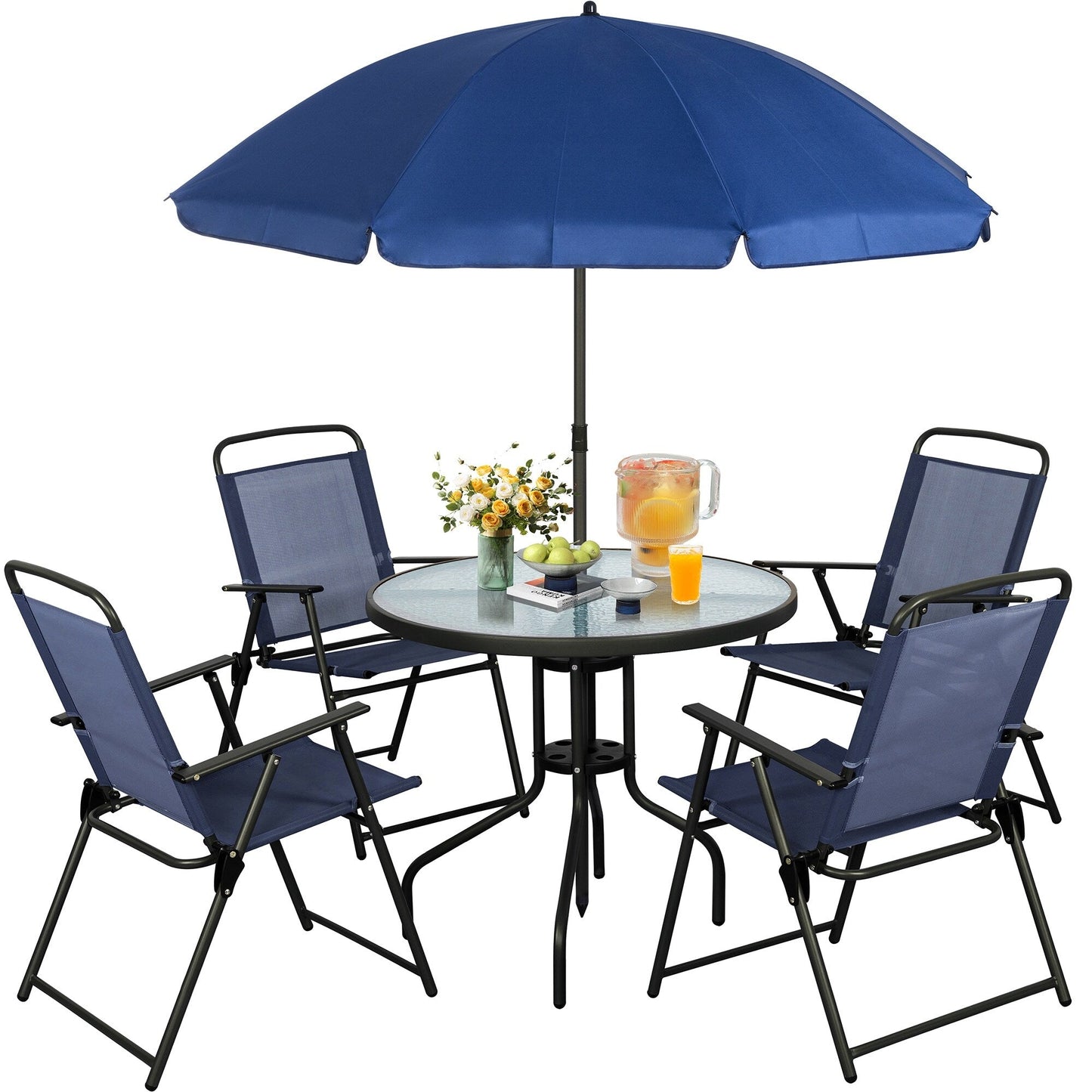 Set da pranzo pieghevole per patio Futzca, set di mobili da giardino con ombrellone, tavolo in vetro e 4 sedie pieghevoli