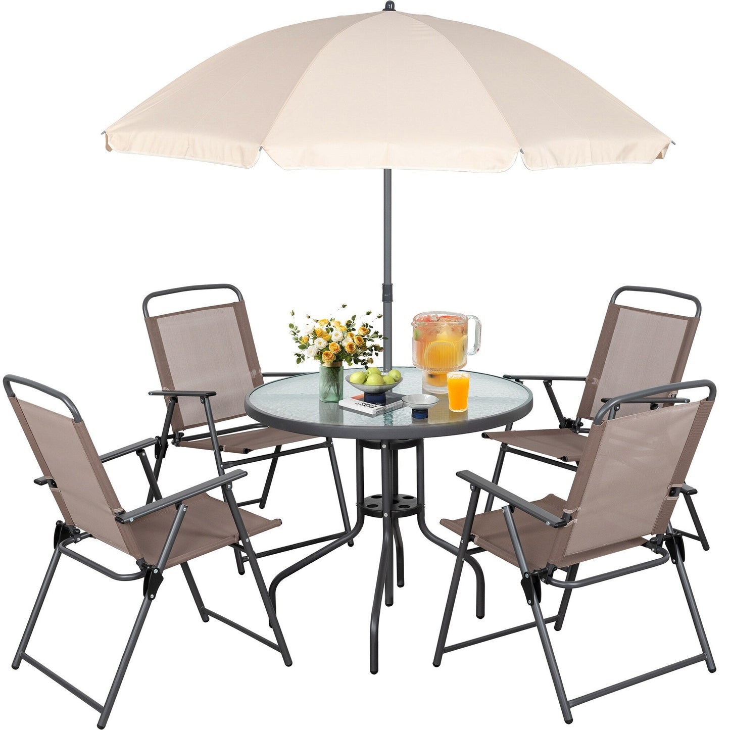 Set da pranzo pieghevole per patio Futzca, set di mobili da giardino con ombrellone, tavolo in vetro e 4 sedie pieghevoli