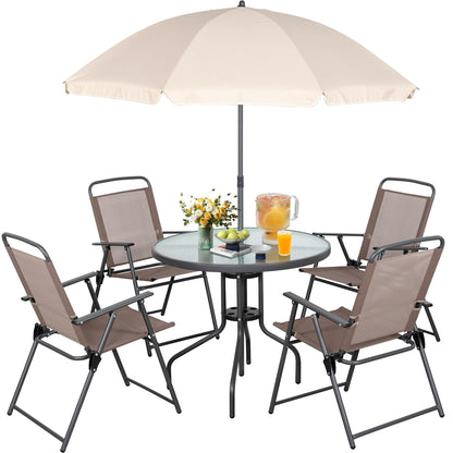 Set da pranzo pieghevole per patio Futzca, set di mobili da giardino con ombrellone, tavolo in vetro e 4 sedie pieghevoli