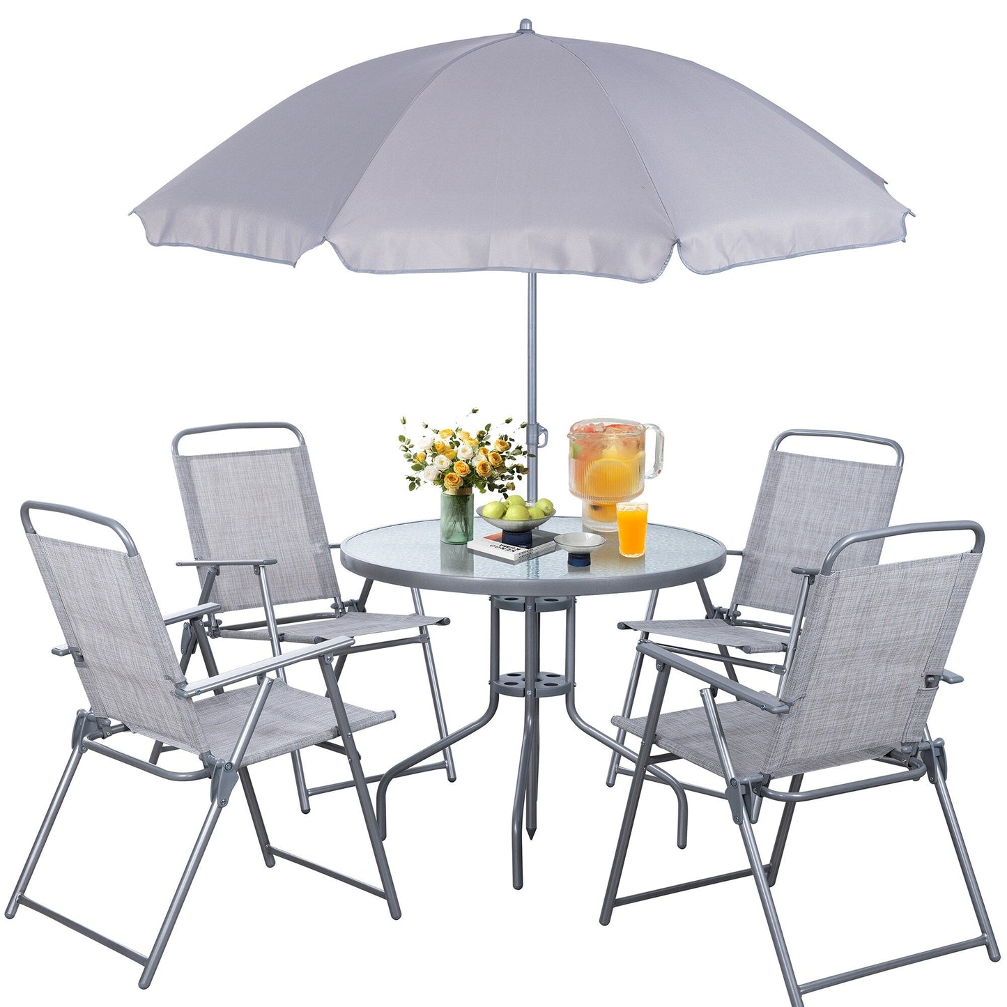 Set da pranzo pieghevole per patio Futzca, set di mobili da giardino con ombrellone, tavolo in vetro e 4 sedie pieghevoli