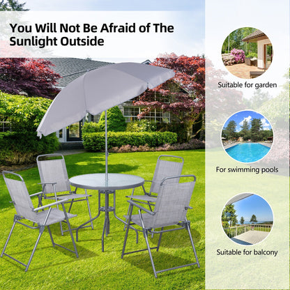 Set da pranzo pieghevole per patio Futzca, set di mobili da giardino con ombrellone, tavolo in vetro e 4 sedie pieghevoli