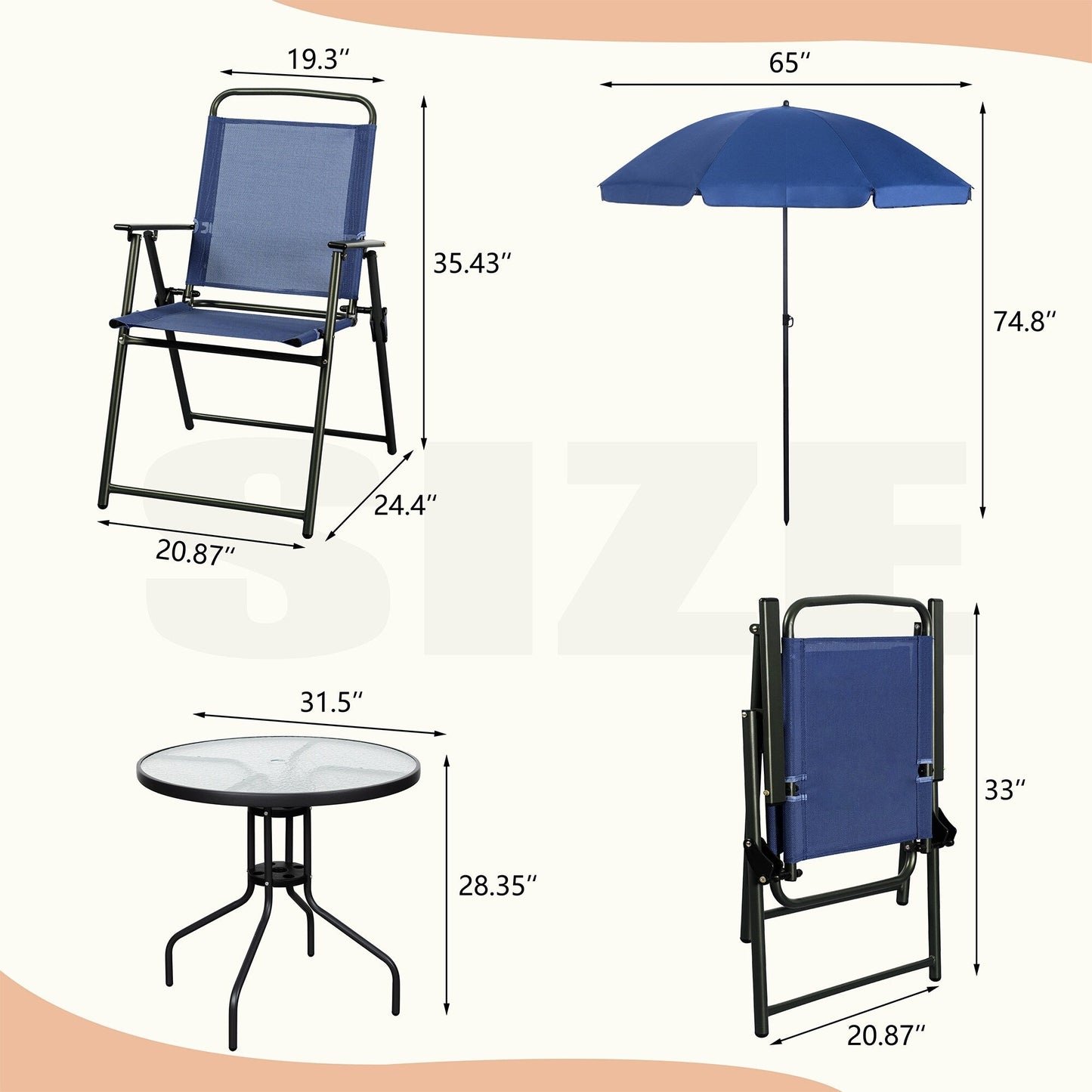 Set da pranzo pieghevole per patio Futzca, set di mobili da giardino con ombrellone, tavolo in vetro e 4 sedie pieghevoli