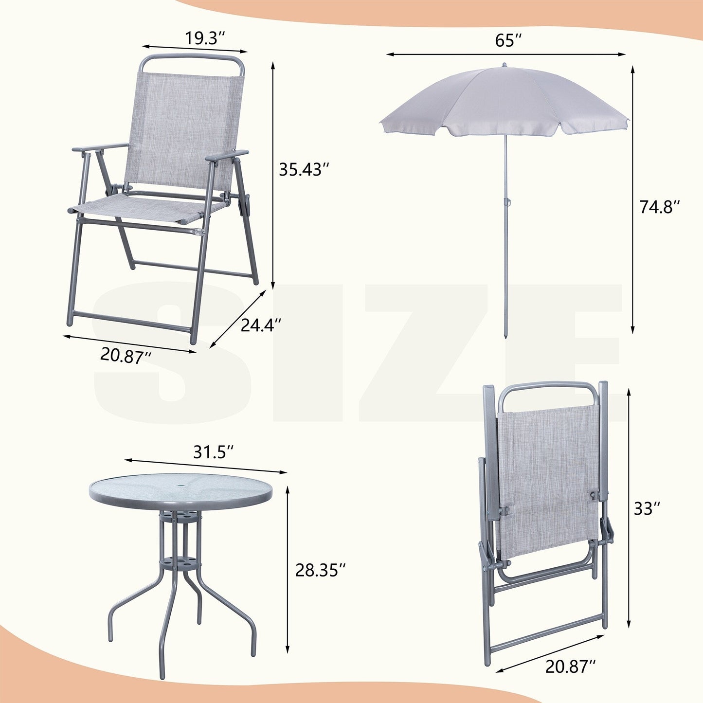 Set da pranzo pieghevole per patio Futzca, set di mobili da giardino con ombrellone, tavolo in vetro e 4 sedie pieghevoli