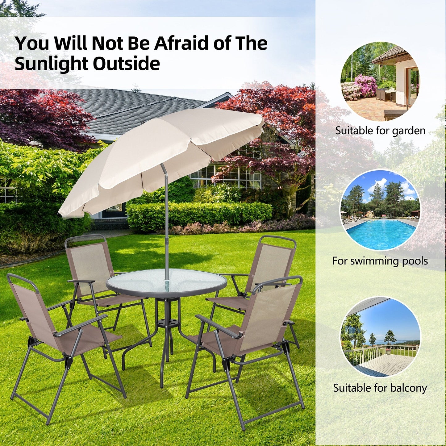 Set da pranzo pieghevole per patio Futzca, set di mobili da giardino con ombrellone, tavolo in vetro e 4 sedie pieghevoli