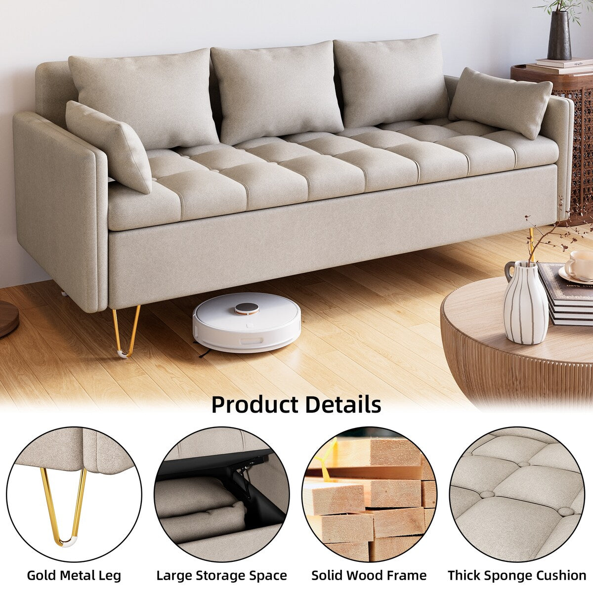 Divano in pelle GIMMYFIVE a 3 posti con cuscino, divano per soggiorno