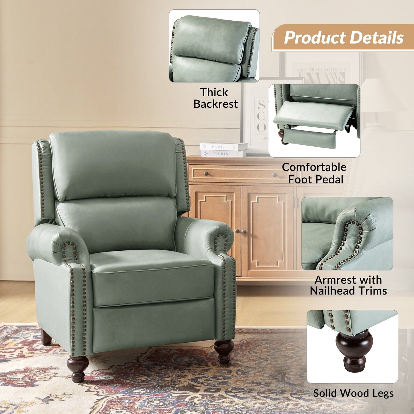 Set di 2 poltrone reclinabili Gabriela Mid-Century Modern in vera pelle con finiture a testa di chiodo di HULALA HOME