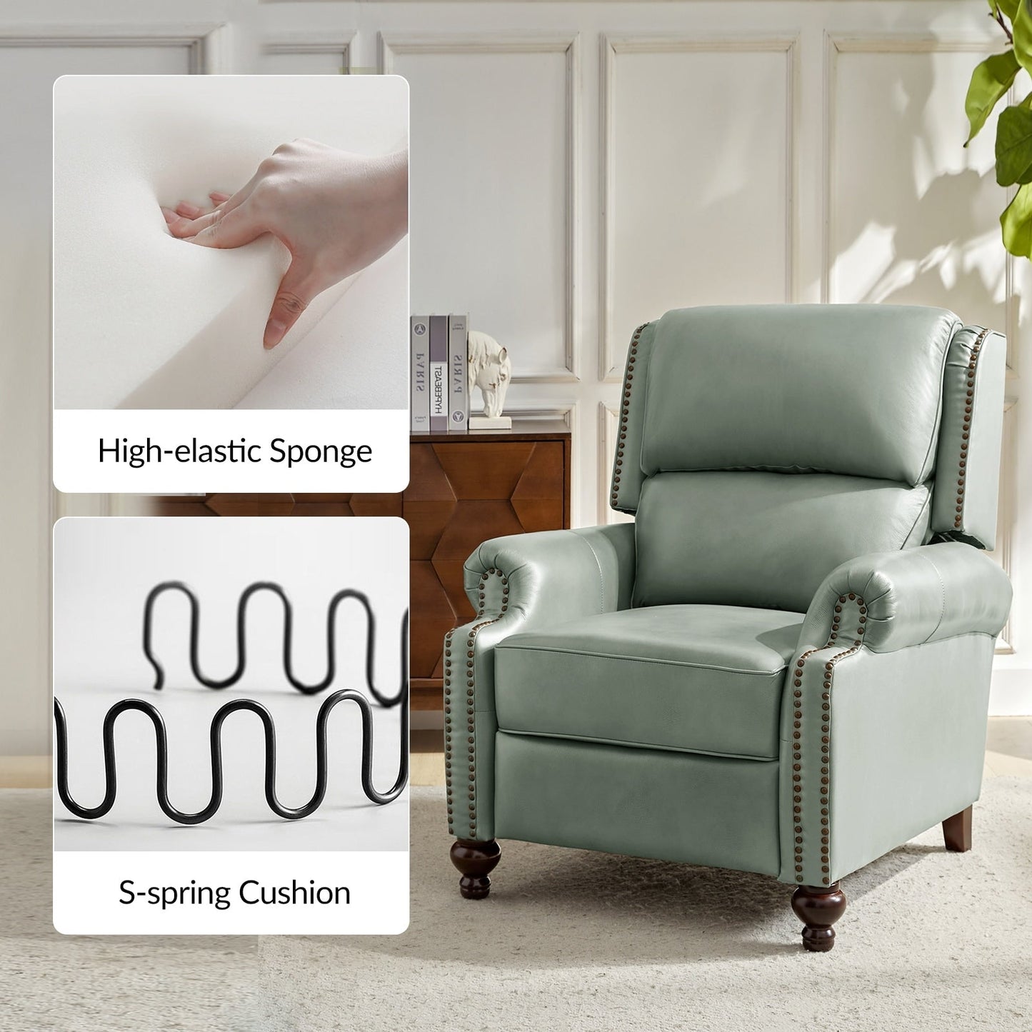 Set di 2 poltrone reclinabili Gabriela Mid-Century Modern in vera pelle con finiture a testa di chiodo di HULALA HOME