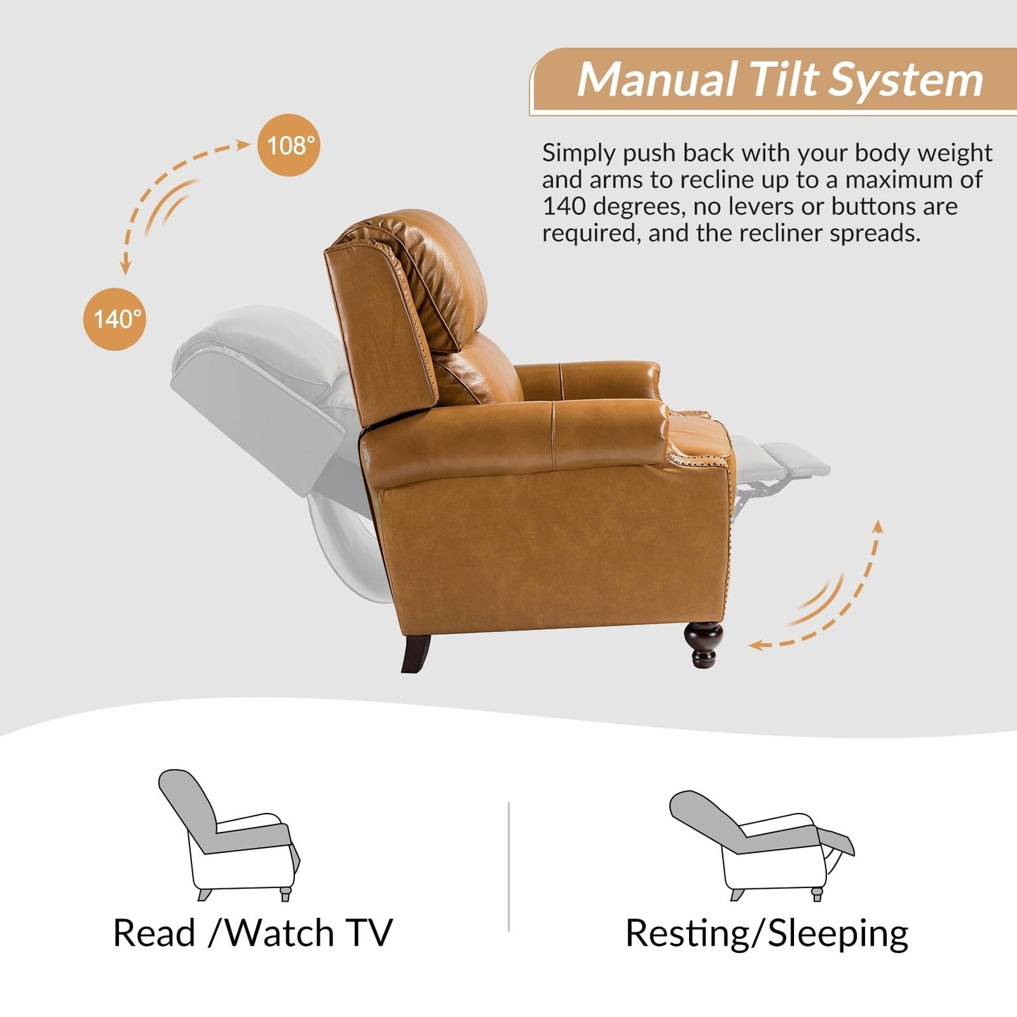 Set di 2 poltrone reclinabili Gabriela Mid-Century Modern in vera pelle con finiture a testa di chiodo di HULALA HOME