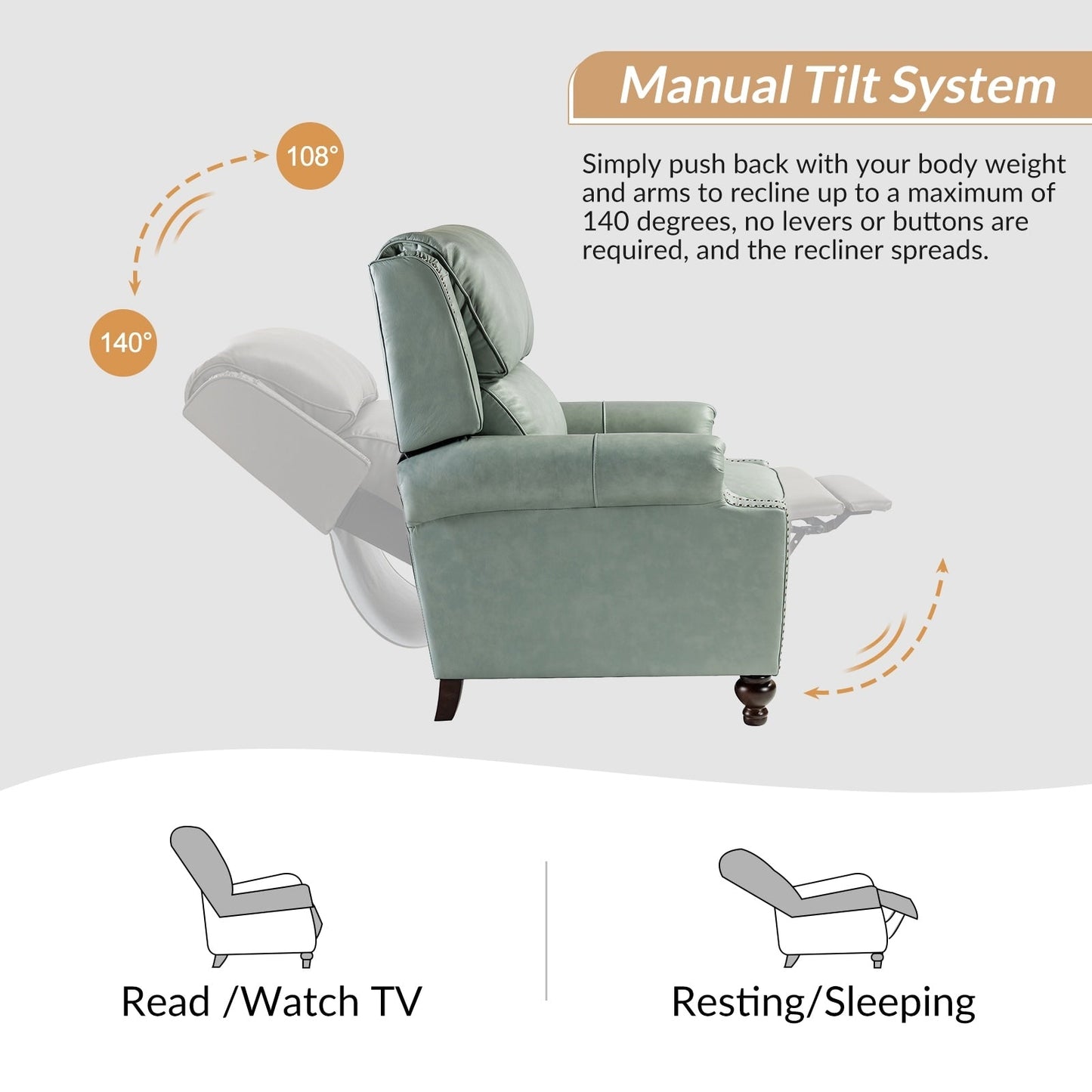 Set di 2 poltrone reclinabili Gabriela Mid-Century Modern in vera pelle con finiture a testa di chiodo di HULALA HOME