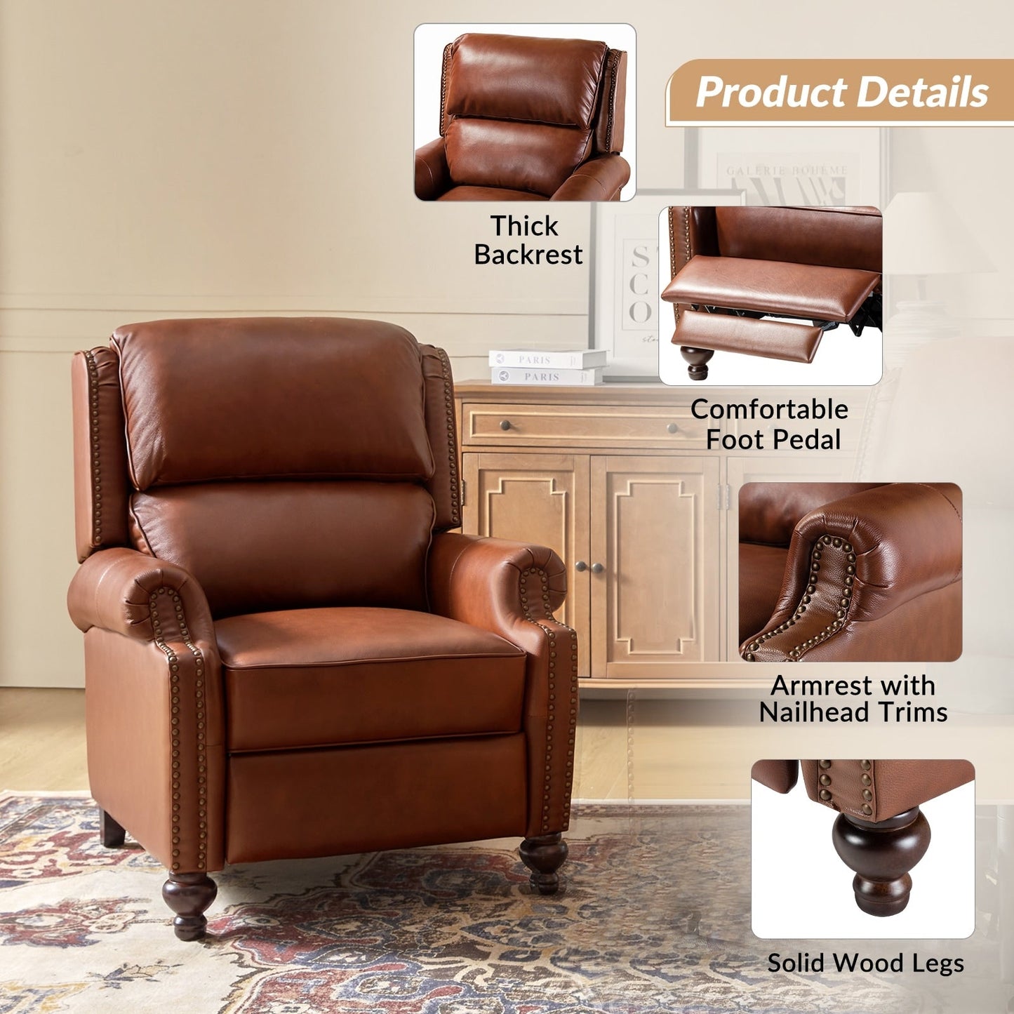 Set di 2 poltrone reclinabili Gabriela Mid-Century Modern in vera pelle con finiture a testa di chiodo di HULALA HOME