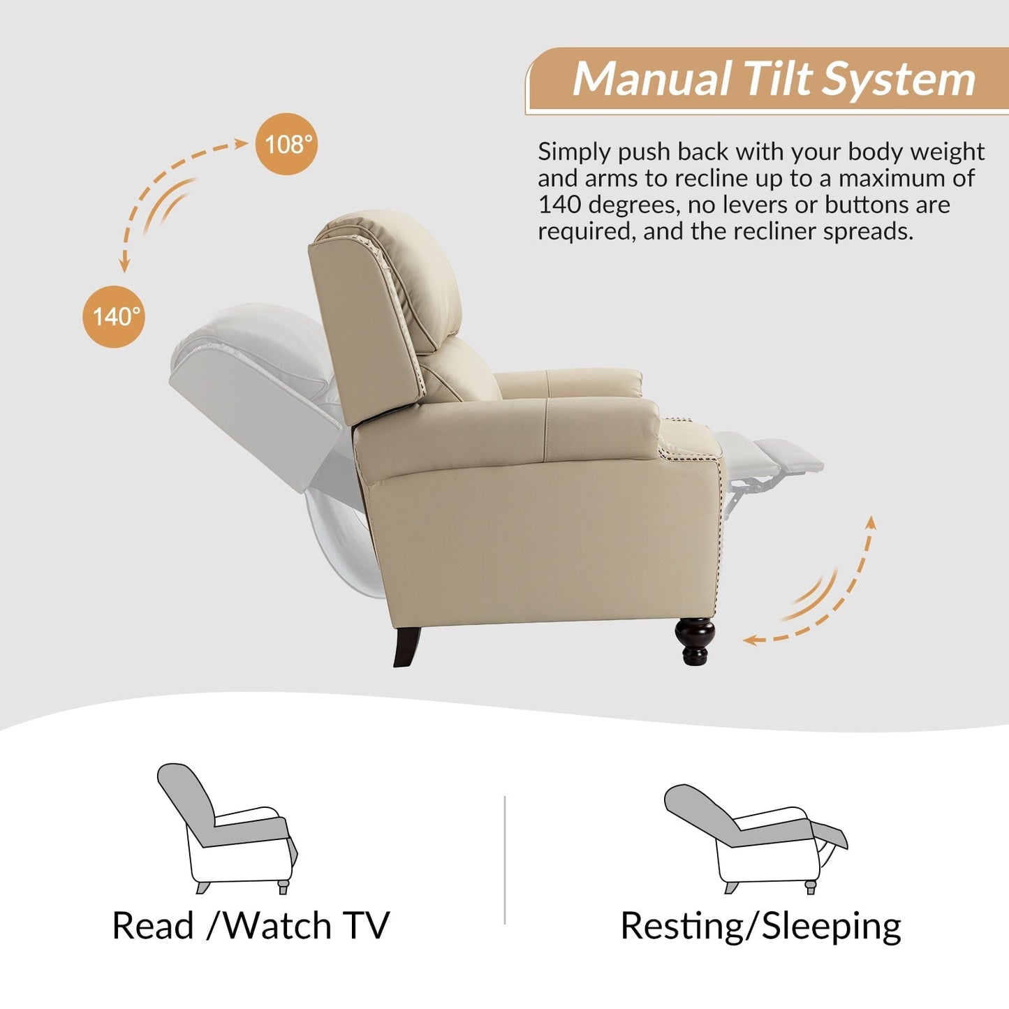 Set di 2 poltrone reclinabili Gabriela Mid-Century Modern in vera pelle con finiture a testa di chiodo di HULALA HOME