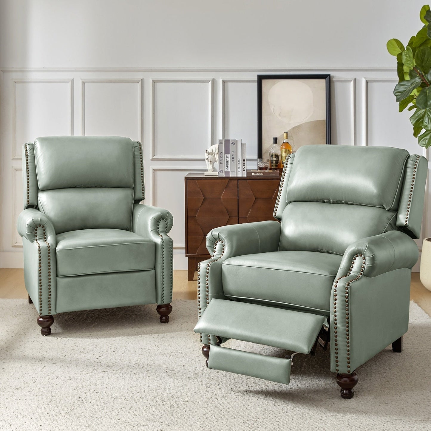 Set di 2 poltrone reclinabili Gabriela Mid-Century Modern in vera pelle con finiture a testa di chiodo di HULALA HOME