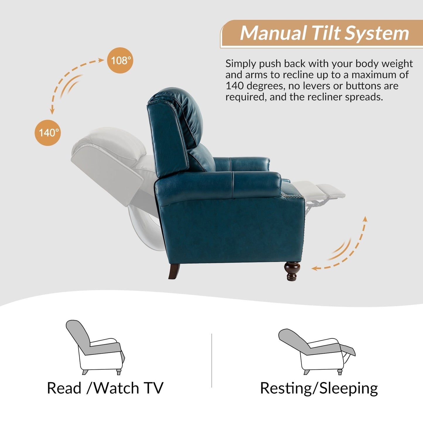 Set di 2 poltrone reclinabili Gabriela Mid-Century Modern in vera pelle con finiture a testa di chiodo di HULALA HOME