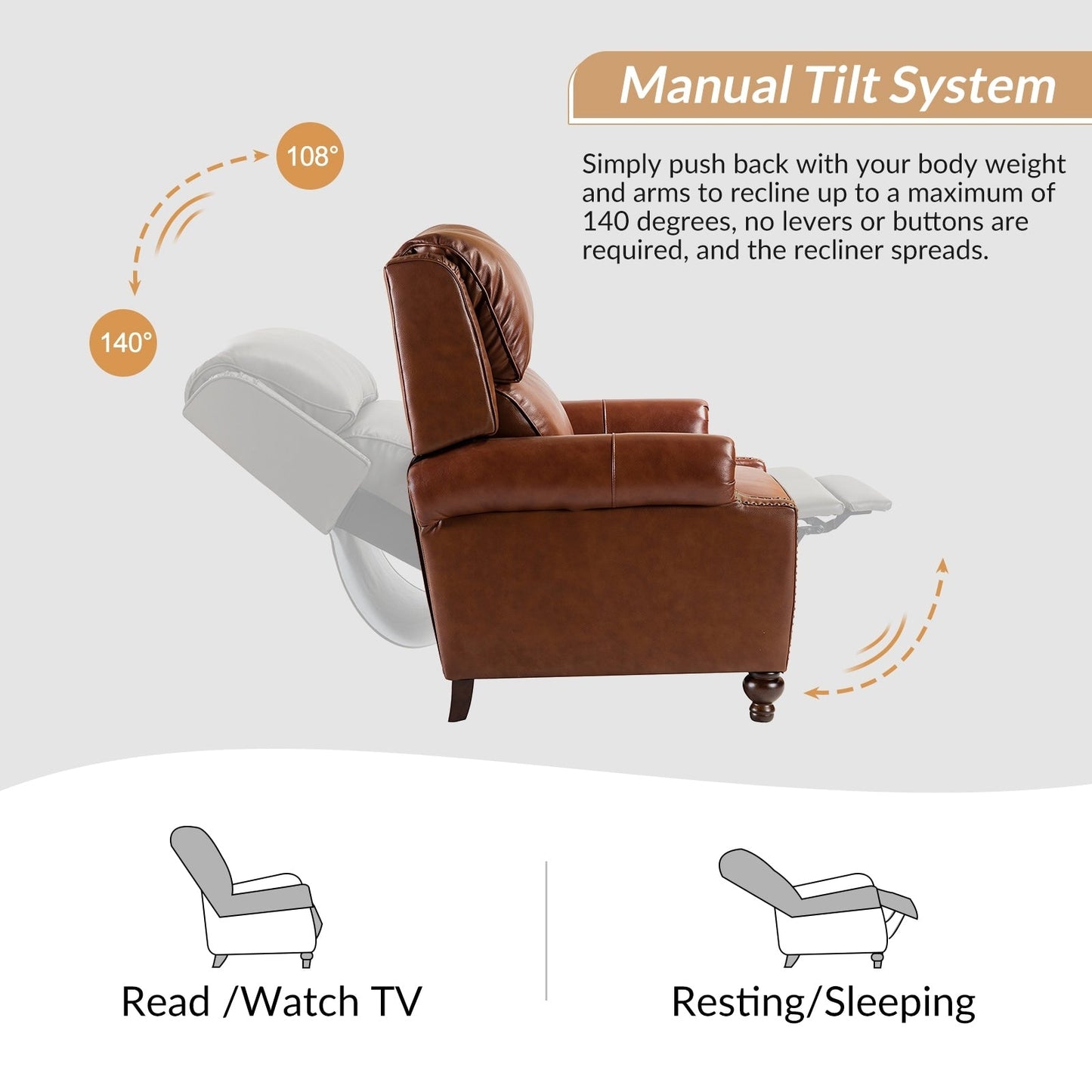 Set di 2 poltrone reclinabili Gabriela Mid-Century Modern in vera pelle con finiture a testa di chiodo di HULALA HOME